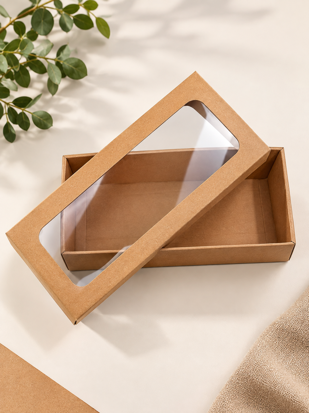 23x9x6 cm Pencereli Asetatlı Kraft Kutu - Çikolata, Lokum, Kurabiye ve Hediyelik Sunum Kutusu-10 Adet